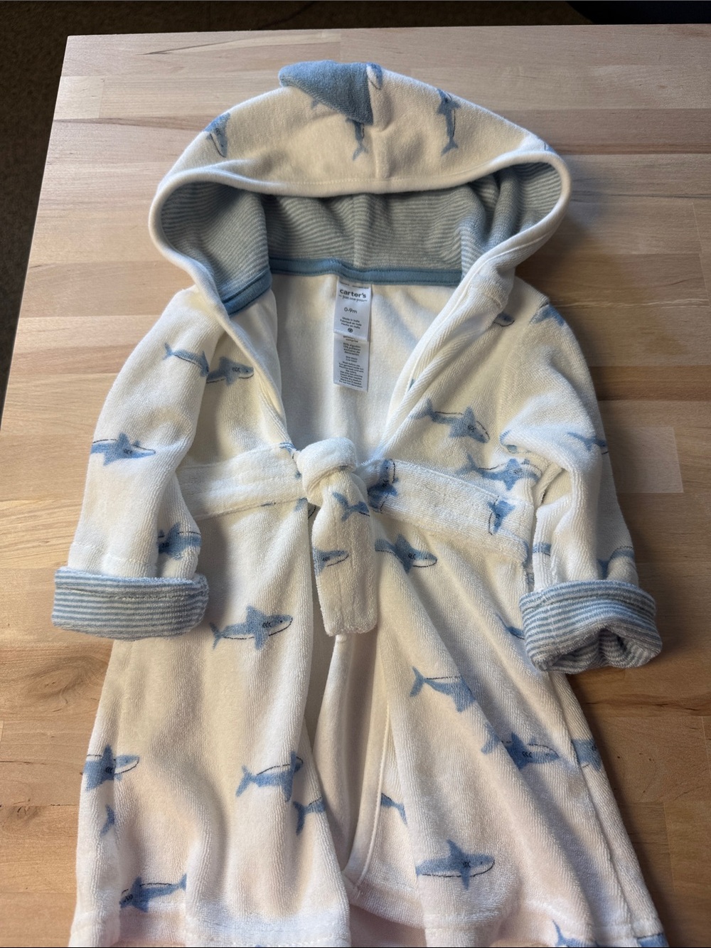 Carter's Cream and Light Blue Shark Print Hooded Robe